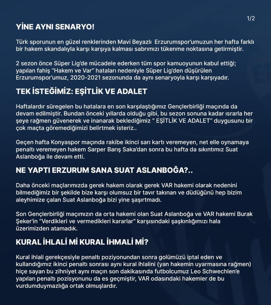BB Erzurumspor’dan hakem Suat Arslanboğa’ya tepki